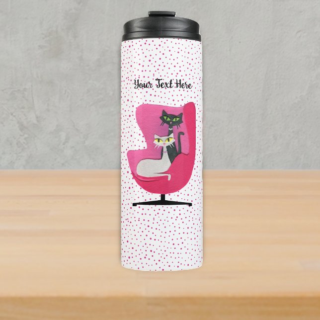 Garrafa Térmica Mid Century Fancy Cats in Pink Chair Polka Dots (Fancy mid century cats in pink chair on white with pink polka dots thermal drink bottle.)