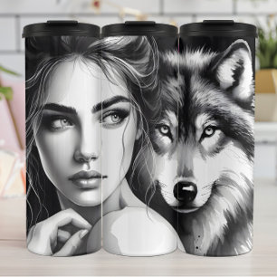 Garrafa Térmica Mistério monocromático: Mulher e Lobo.