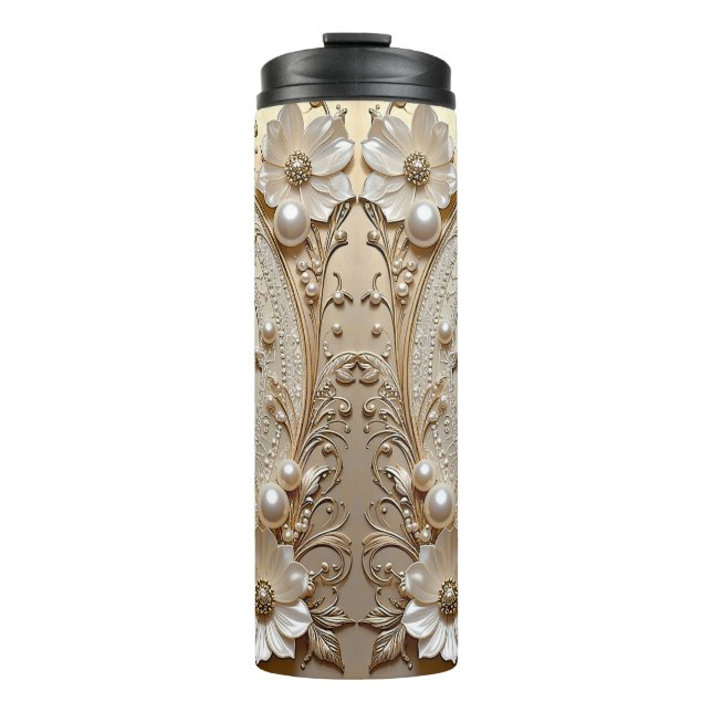 Garrafa Térmica Modern White Flowers Pearls Thermal Tumbler (Frente)