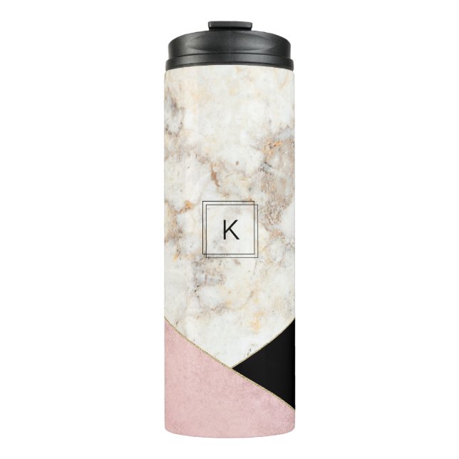 Garrafa Térmica Moderno Minimalista Negro Dourado Rosa do Mármore  (Frente)