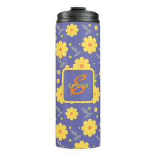 Garrafa Térmica Monograma Amarelo Roxo Moderno Floral Girly Elegan