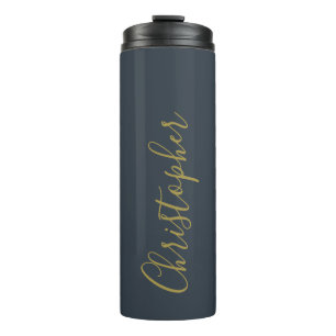 Garrafa Térmica Monograma Azul Marinho Dourado Nome Script Minimal