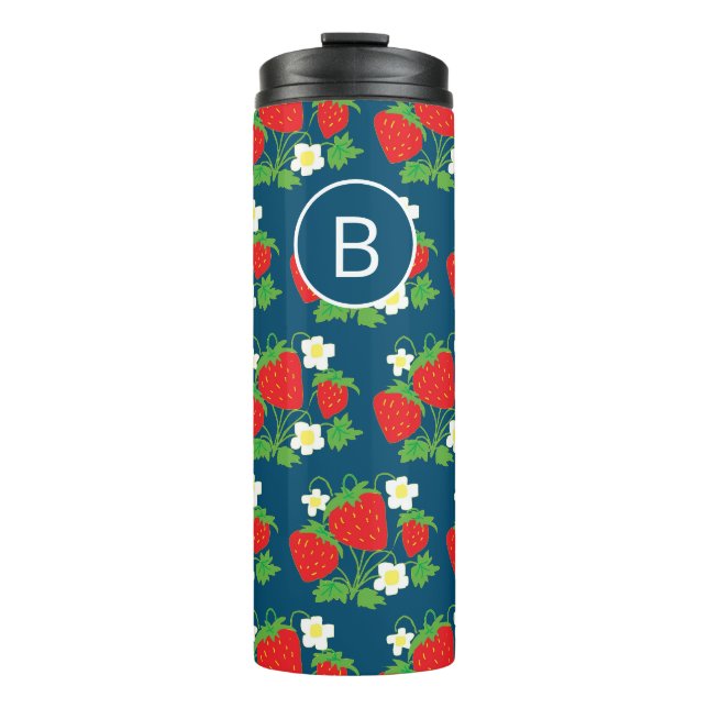 Garrafa Térmica Monograma com padrão azul de morango e flor (Frente)