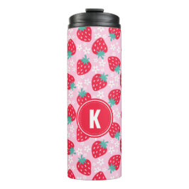 Garrafa Térmica Monograma com padrão floral de morangos rosa verme