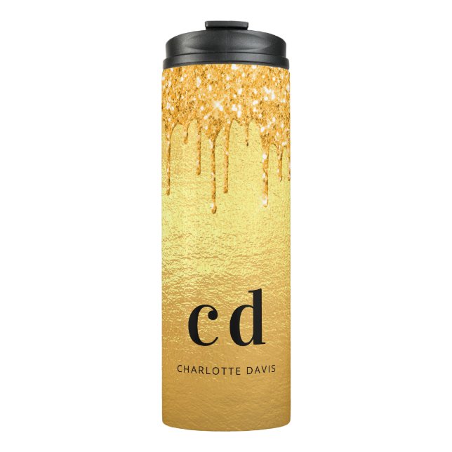 Garrafa Térmica Monograma com pingos de glitter dourado (Frente)