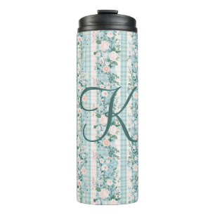 Garrafa Térmica Monograma Cor Azul-Cor-de-Água Rosa Floresta Gingh