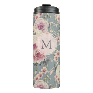 Garrafa Térmica Monograma de bonito Rosas Rosa e Corações Pérolas