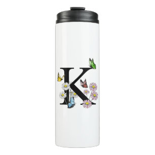 Garrafa Térmica Monograma de Borboleta Floral em Aquarela com Letr