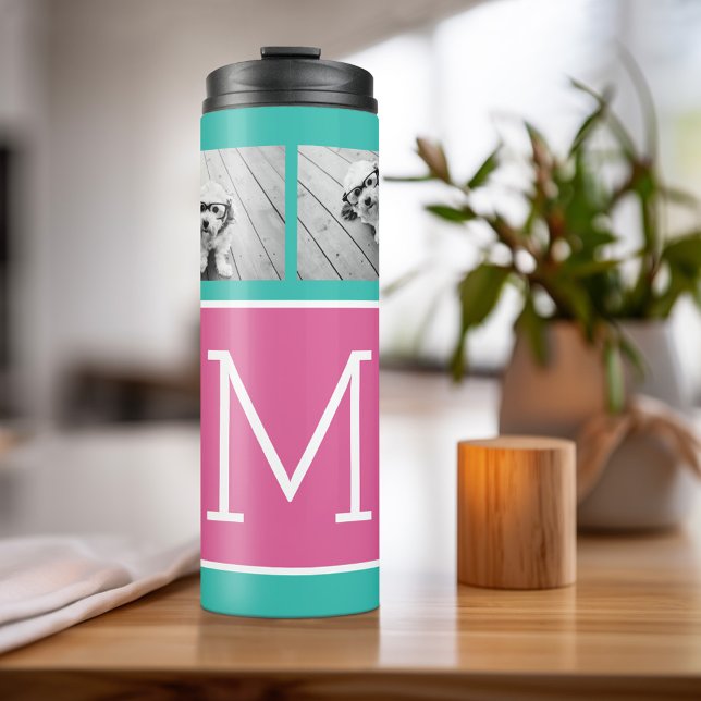 Garrafa Térmica Monograma de Colagem de Fotografias do Teal e do H (Personalized Thermal Tumbler - Add Photos, Text - Customize Completely in the Advanced Design Area)