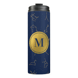 Garrafa Térmica Monograma de Constelações Zodiacas Azuis Douradas 