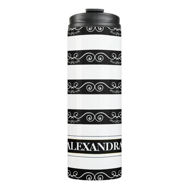 Garrafa Térmica Monograma de design listrado branco preto (Frente)