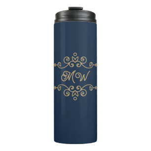 Garrafa Térmica Monograma de Floreio Elegante Azul-Elegante Dourad