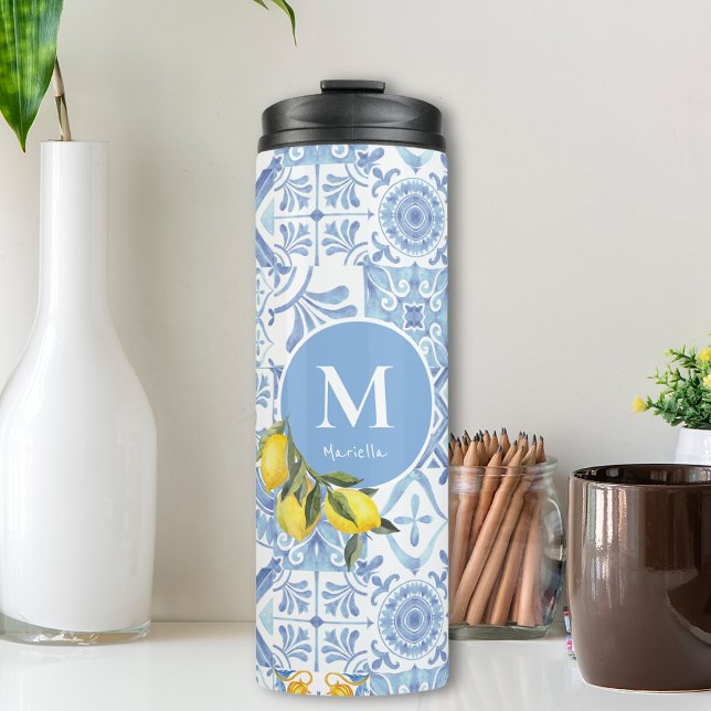 Garrafa Térmica Monograma de fruta de limão, azulejo azul (Lemon fruit monogram, blue tile thermal tumbler Travel mug for her)