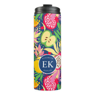 Garrafa Térmica Monograma de Frutas Tropicais em Aquarela Padrão d