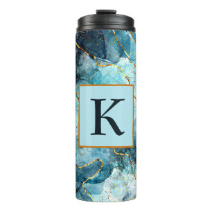 Garrafa Térmica Monograma de mármore brilhante azul e dourado