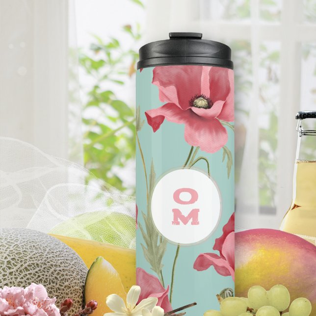 Garrafa Térmica Monograma de Papoula Turquesa (Turquoise Poppy Monogram Thermal Tumbler ©Susanne Sachers - Sunny Mind 🌞)