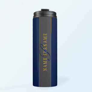 Garrafa Térmica Monograma de Script Elegante Marinho Escuro Cinza