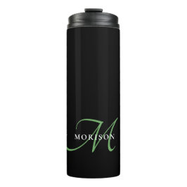 Garrafa Térmica Monograma de Script Verde Preto Moderno Elegante