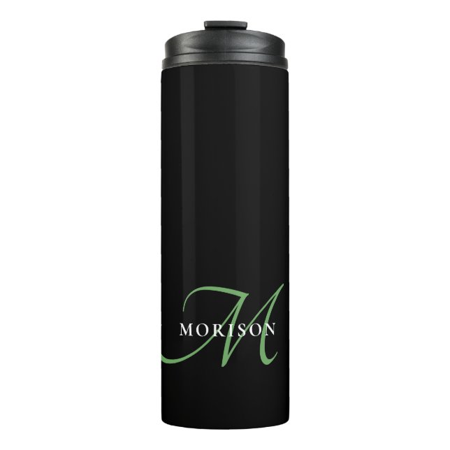 Garrafa Térmica Monograma de Script Verde Preto Moderno Elegante (Frente)