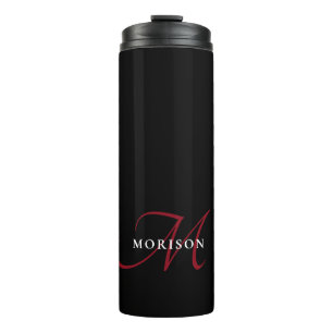 Garrafa Térmica Monograma de Script Vermelho Preto Moderno Elegant