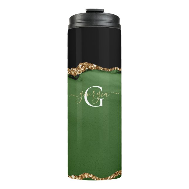 Garrafa Térmica Monograma Dourado de brilho e agitação verde (Frente)