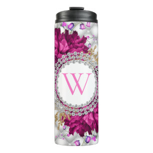 Garrafa Térmica Monograma Elegante de Ouros Rosa-Rosa rosas