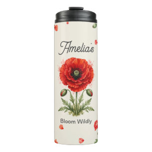 Garrafa Térmica Monograma Floral de Papoula Vermelha em Aquarela A