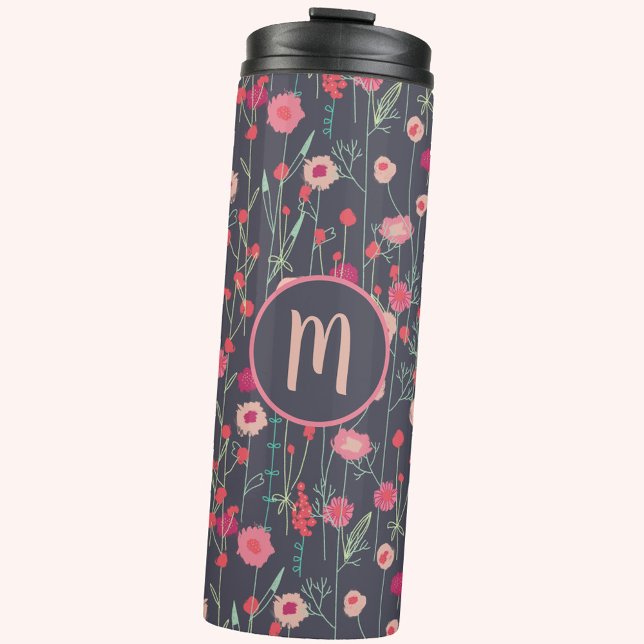 Garrafa Térmica Monograma Floral Escuro (Boho floral pink and charcoal gray personalized monogram thermal tumbler)