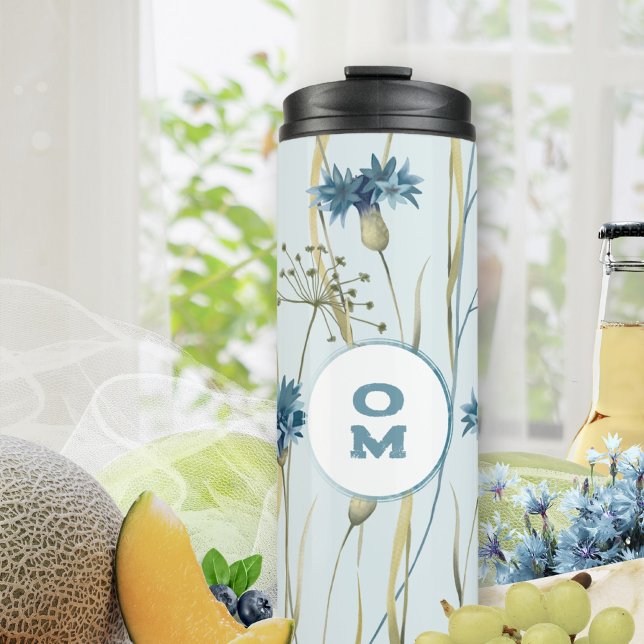 Garrafa Térmica Monograma Floral Moderno Azul Cornualha (Soft Blue Cornflower Chic Thermal Tumbler ©Susanne Sachers - Sunny Mind 🌞)