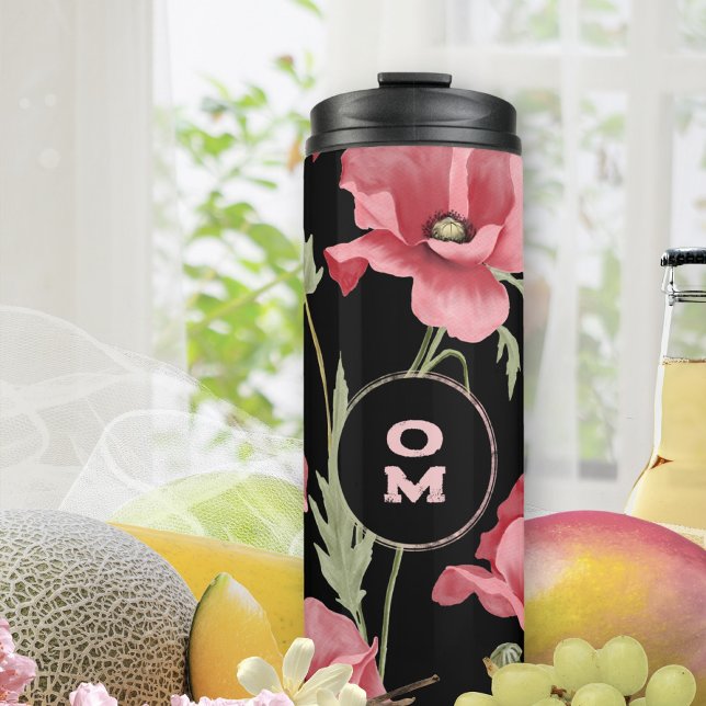 Garrafa Térmica Monograma Floral Moderno Preto Cor-de-Rosa (Pink Poppy Black Monogram Contrast Thermal Tumbler ©Susanne Sachers - Sunny Mind 🌞)
