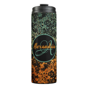 Garrafa Térmica Monograma Floral na moda Laranja e Preto Verde