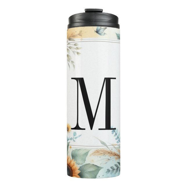 Garrafa Térmica Monograma Flores e girassóis Cor de água (Frente)