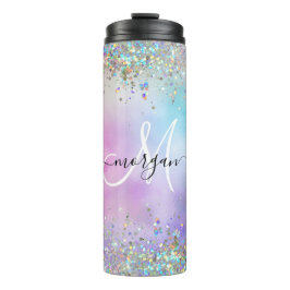 Garrafa Térmica Monograma Holográfico Glitter Arco-Íris Pastel