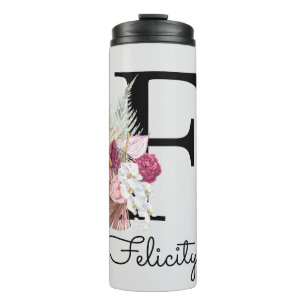 Garrafa Térmica Monograma Inicial F Rosa Boho Floral Feminino