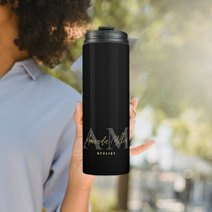 Garrafa Térmica Monograma Moderno Dourado Preto Personalizado Mini