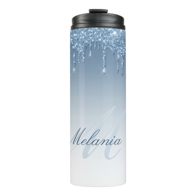 Garrafa Térmica Monograma moderno e elegante com brilho azul (Frente)