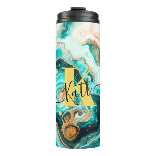 Garrafa Térmica Monograma Moderno Personalizado de Ouro Aqua Agate