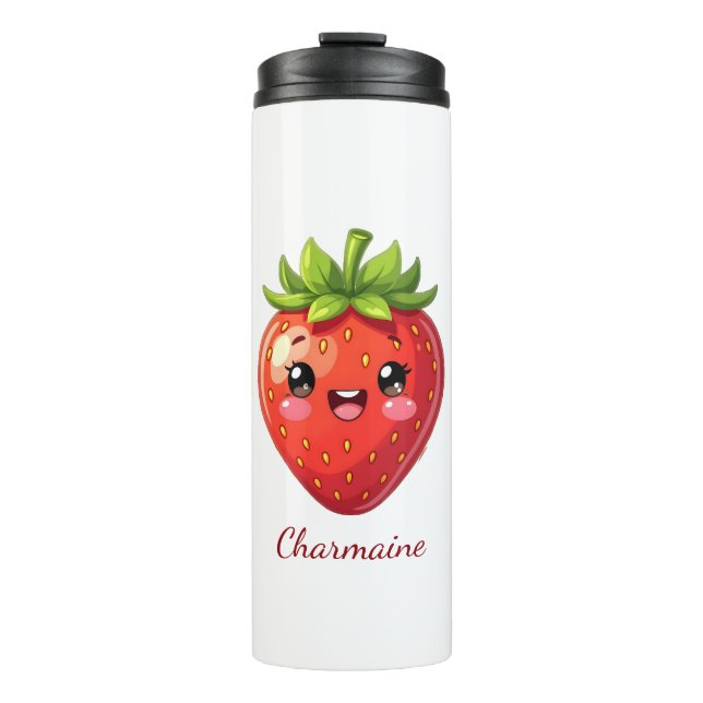 Garrafa Térmica Monograma morango kawaii fofo (Frente)