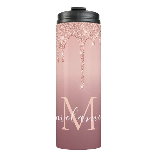 Garrafa Térmica Monograma Nome Rosa Blush Glitter Tumbler Térmico (Frente)