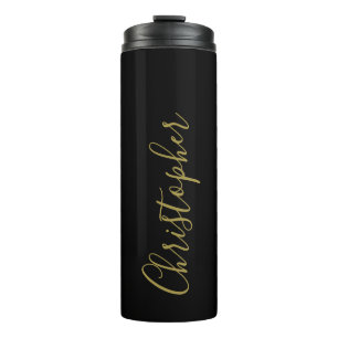 Garrafa Térmica Monograma Nome Script Preto Dourado Minimalista Ho