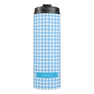 Garrafa Térmica Monograma Personalizado de Gingham Azul