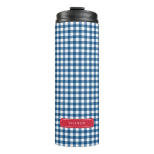 Garrafa Térmica Monograma Personalizado de Gingham Azul