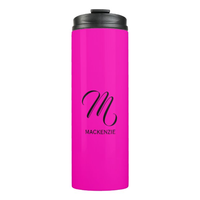 Garrafa Térmica Monograma Personalizado Elegante Neon Pink com Nom (Frente)
