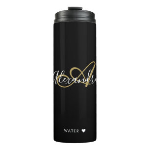 Garrafa Térmica Monograma Preto Dourado Elegante Nome em Letra de