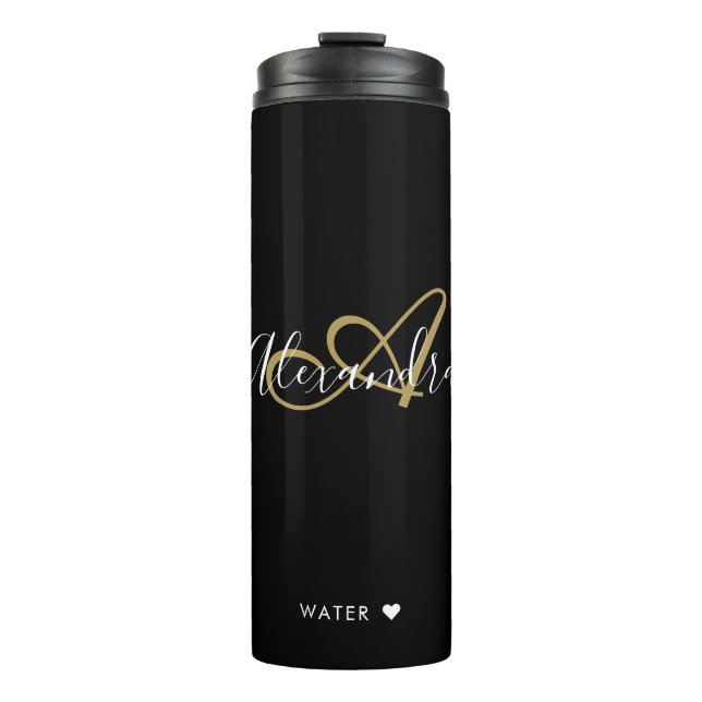 Garrafa Térmica Monograma Preto Dourado Elegante Nome em Letra de  (Frente)