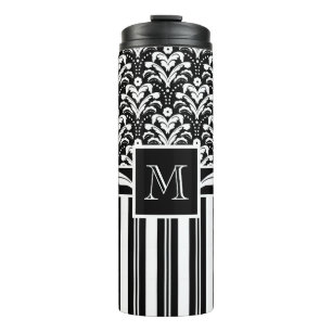 Garrafa Térmica Monograma preto e branco Damasco retrorreflector