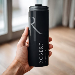 Garrafa Térmica Monograma Preto Simples Personalizado para Padrinh