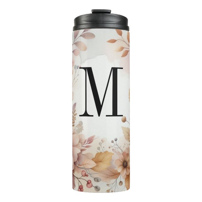 Garrafa Térmica Monograma Queda Folhas e flores aquarela (Frente)