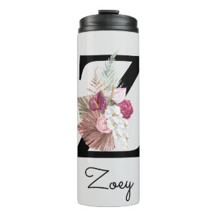 Garrafa Térmica Monograma Rosa Boho Floral Feminino Inicial Z