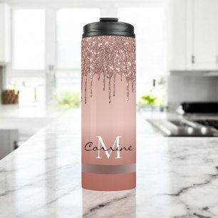 Garrafa Térmica monograma rosa dourado metálico com brilho
